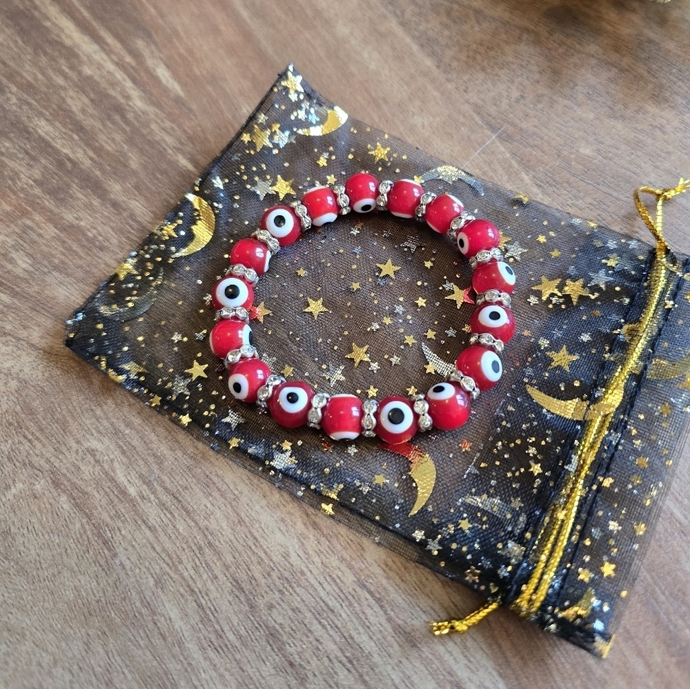 Colorful Turkish Glass Bead Evil Eye Stretch Bracelet with Crystal - Picture 3 of 4